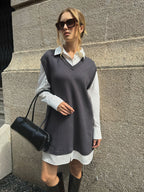 2 in 1 Shirt Paneled Knit Mini Dress