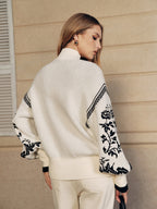 Floral Pattern Mock Neck Balloon Sleeve Sweater