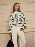 Floral Pattern Mock Neck Balloon Sleeve Sweater