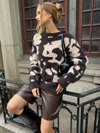 Cow Print Fuzzy Crew Neck Sweater