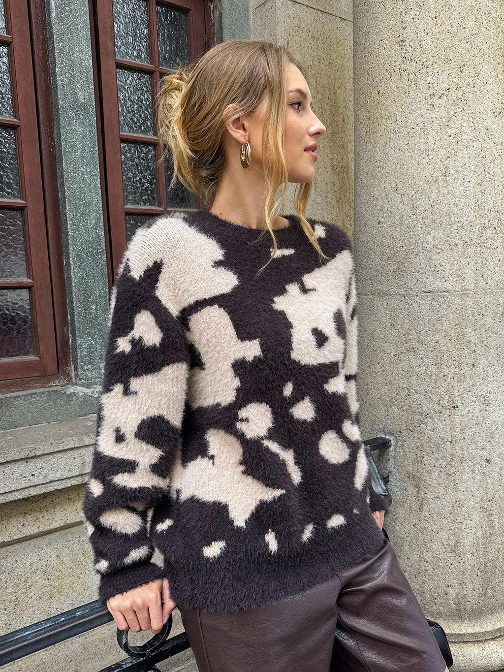 Cow Print Fuzzy Crew Neck Sweater