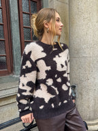 Cow Print Fuzzy Crew Neck Sweater