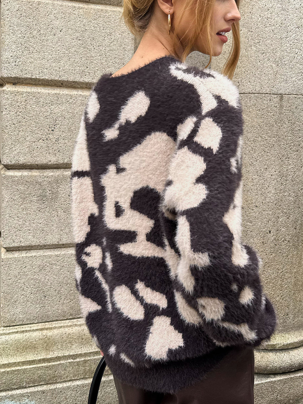 Cow Print Fuzzy Crew Neck Sweater