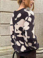 Cow Print Fuzzy Crew Neck Sweater