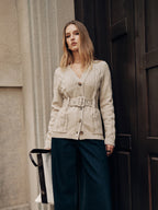 Belted Cable Knit V-Neck Cardigan