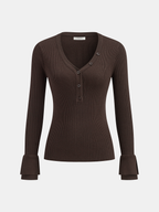 Flared Cuff Ribbed Knit Henley Top