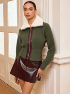 Faux Fur Collar Zip-Front Knit Outerwear