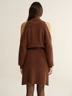 Belted Cold-Shoulder Turtleneck Knit Dress