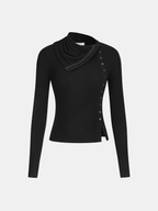 Side Button Asymmetric Lapel Ribbed Knit Top