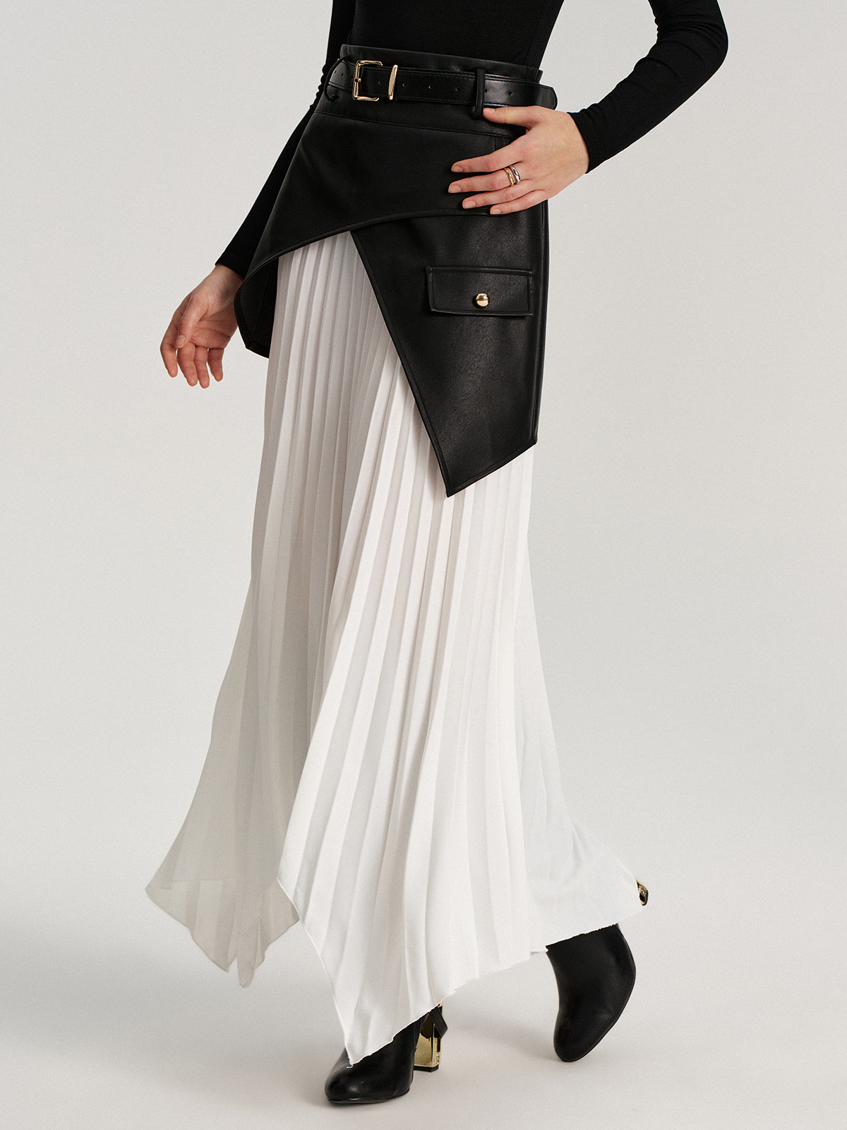 Belted Asymmetric Faux Leather Panel Pleated Maxi Skirt