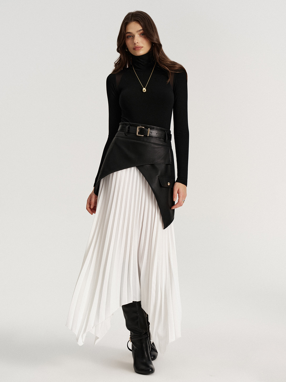 Belted Asymmetric Faux Leather Panel Pleated Maxi Skirt