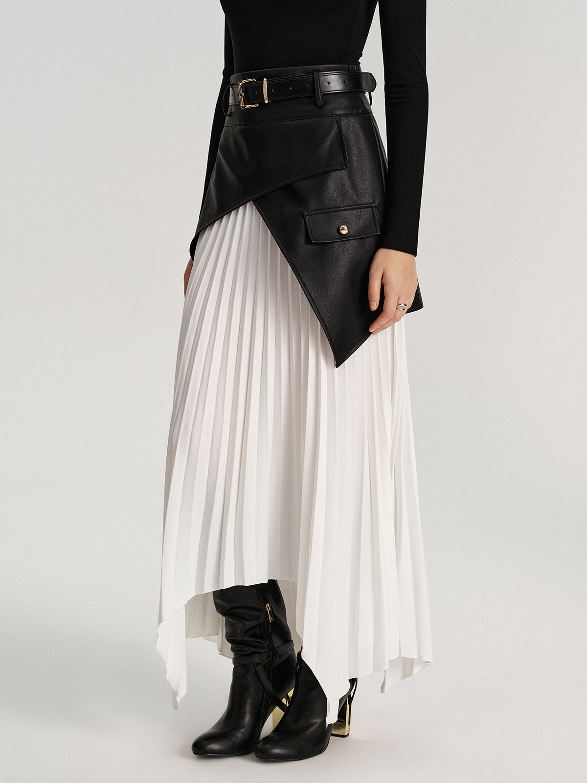 Belted Asymmetric Faux Leather Panel Pleated Maxi Skirt