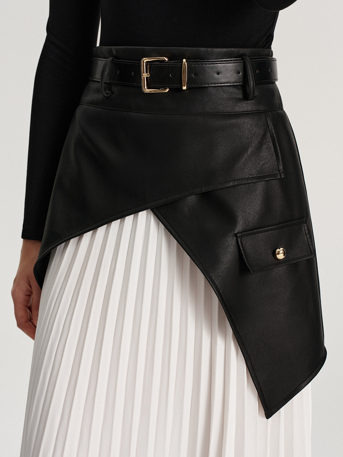Belted Asymmetric Faux Leather Panel Pleated Maxi Skirt