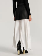 Belted Asymmetric Faux Leather Panel Pleated Maxi Skirt