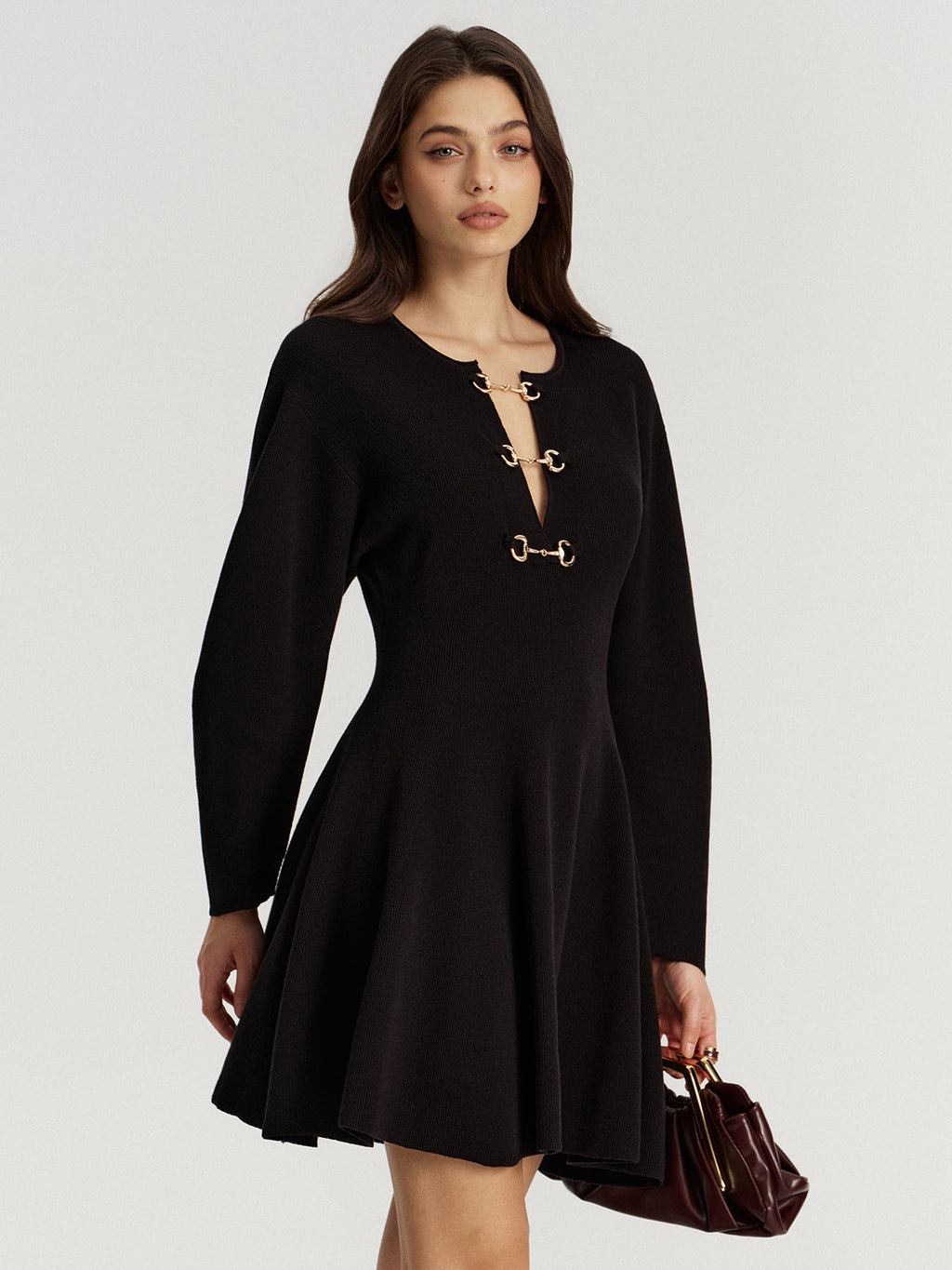 Horsebit Detail Knit Flared Dress