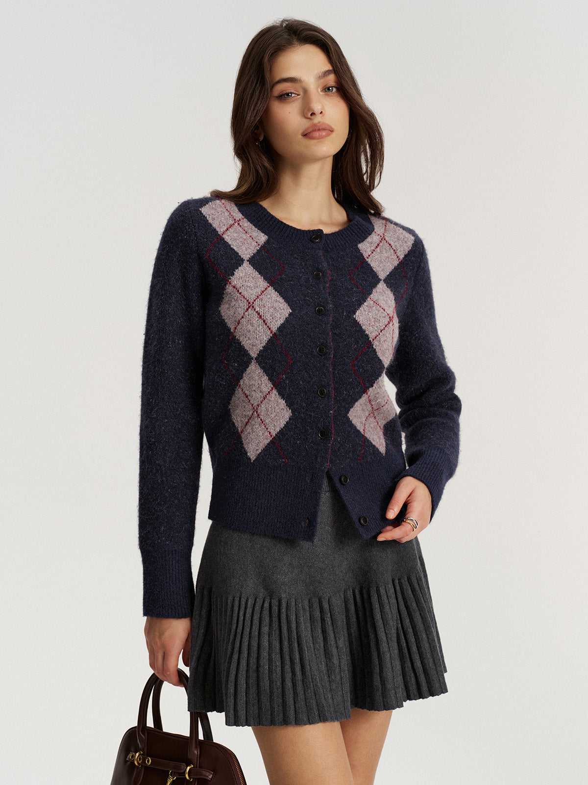 Argyle Jacquard Wool Blend Cardigan