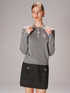 Studded Collar Wool-Blend Knit Polo Sweater