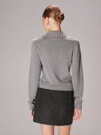 Studded Collar Wool-Blend Knit Polo Sweater