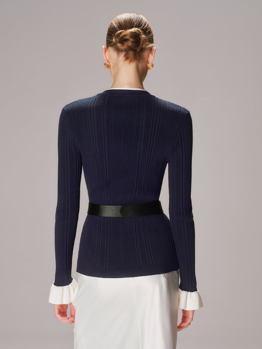 Belted Metal Button Ribbed Knit Top