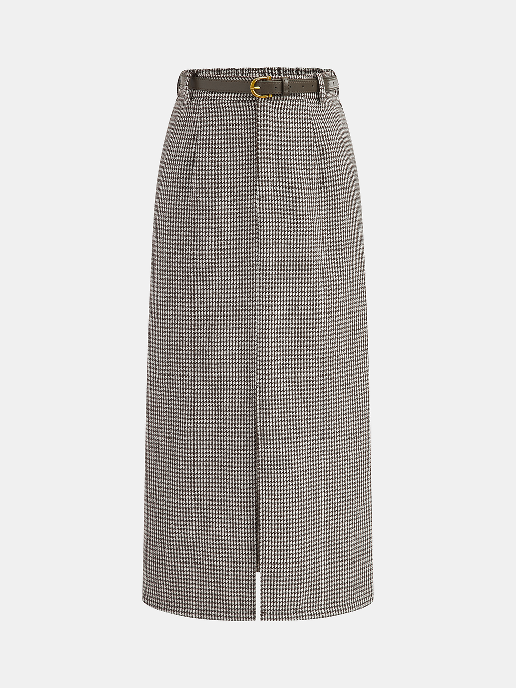 Houndstooth Tweed Belted Midi Skirt