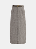 Houndstooth Tweed Belted Midi Skirt