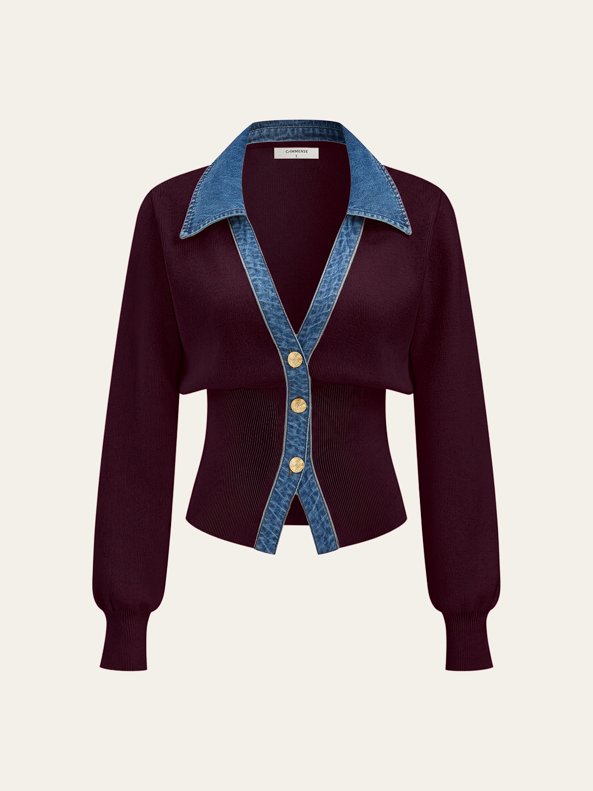 Denim Collar Metal Button V-Neck Knit Top