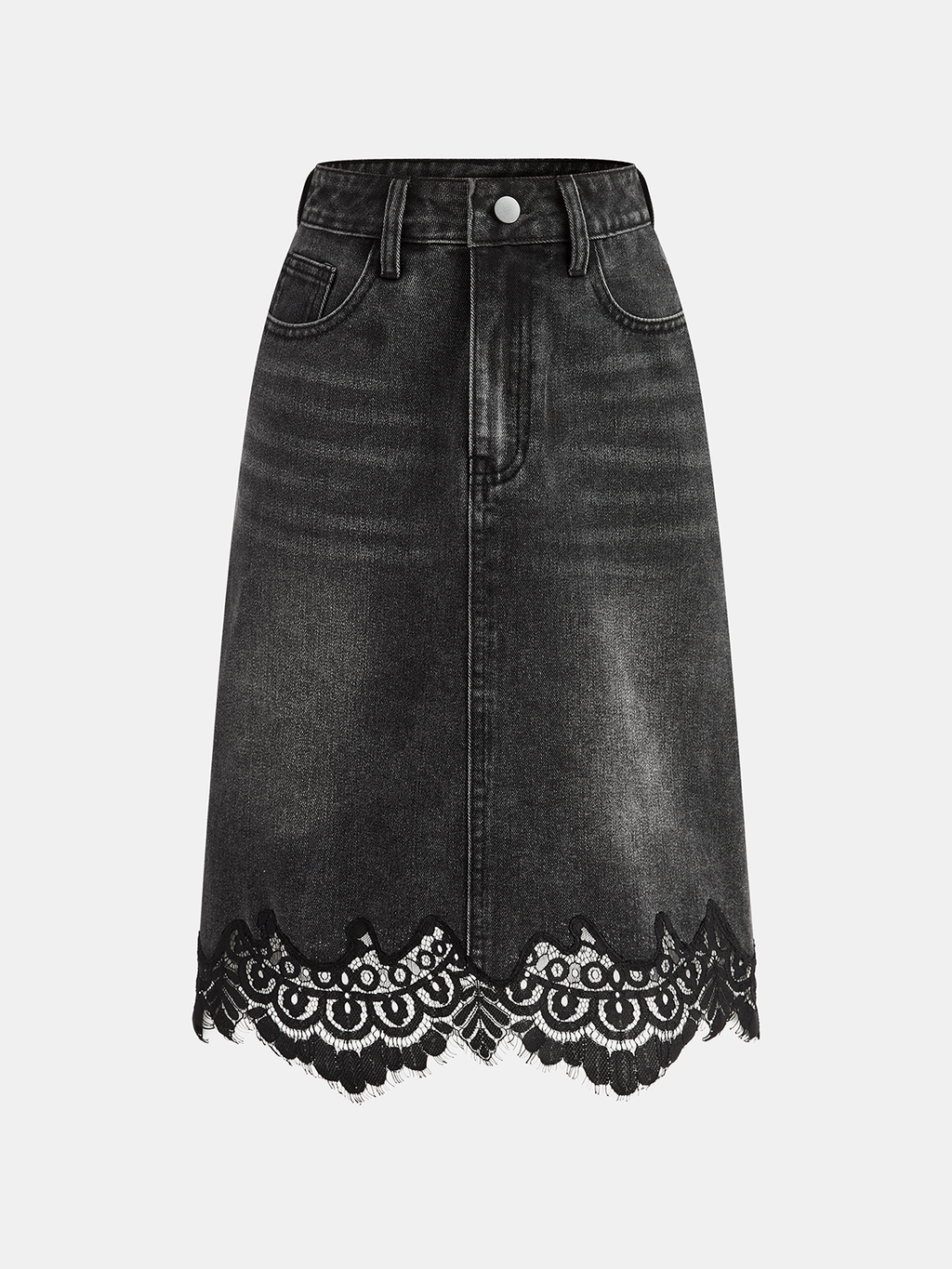 Lace Hem Denim Midi Skirt