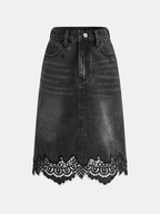 Lace Hem Denim Midi Skirt