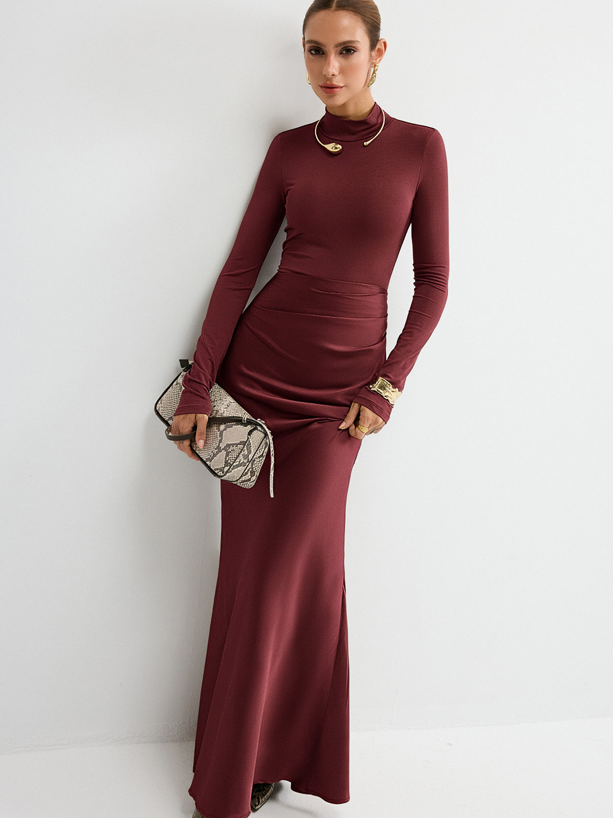Satin Panel Mock Neck Long Sleeve Maxi Dress