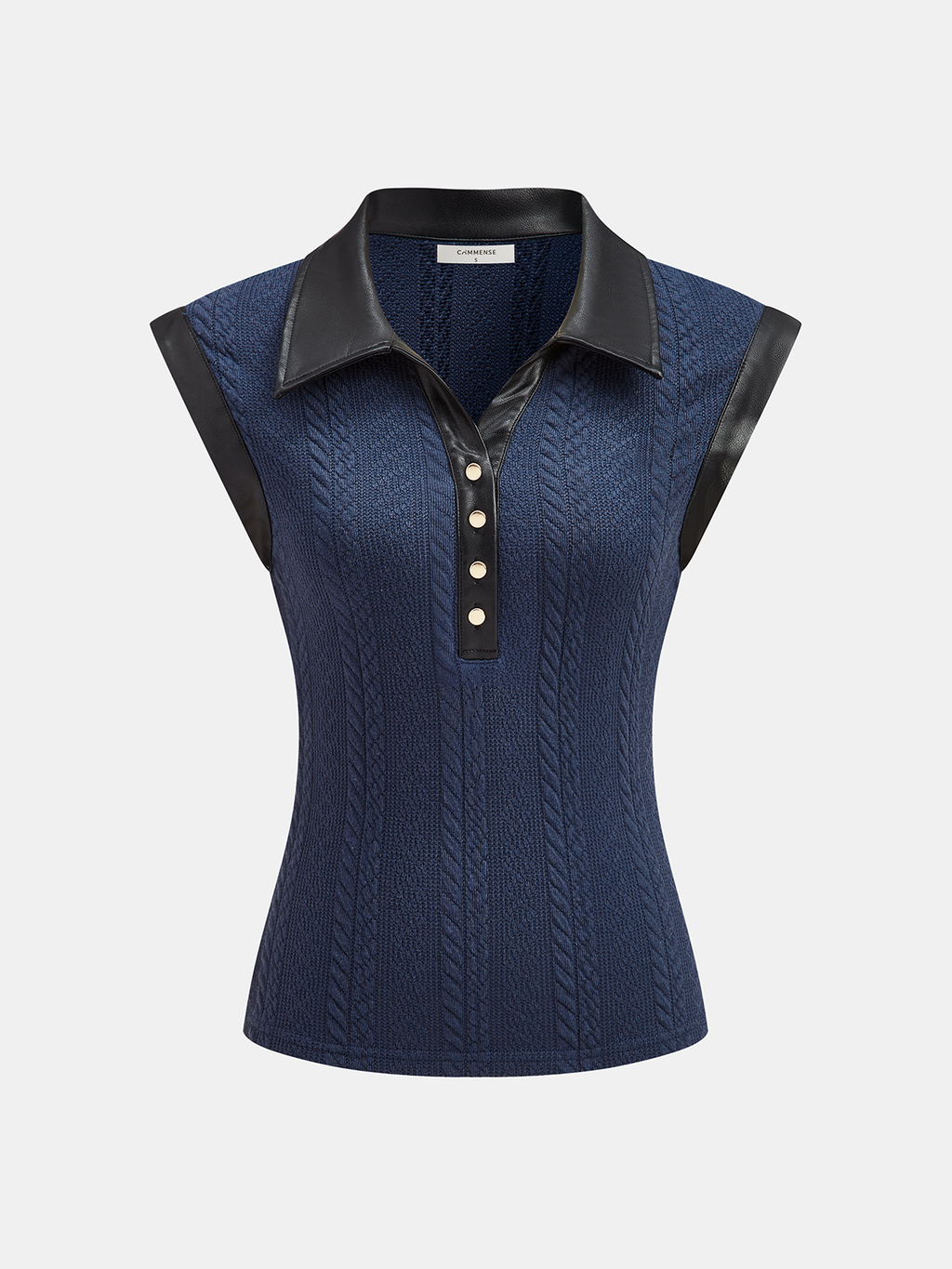 Faux Leather Panel Cable Knit Sleeveless Polo Top