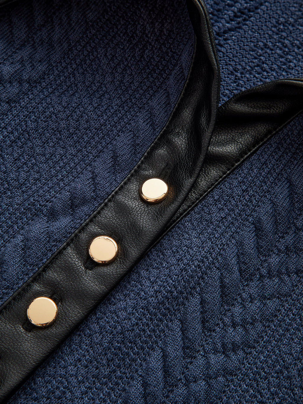Faux Leather Panel Cable Knit Sleeveless Polo Top