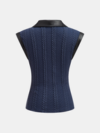 Faux Leather Panel Cable Knit Sleeveless Polo Top