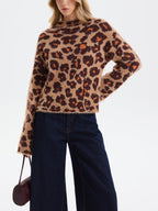 Loose Leopard Jacquard Fuzzy Sweater without Belt