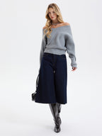 Asymmetric Off-Shoulder Ribbed Sweater