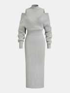 Off-Shoulder Waist-Defined Rib-Knit Midi Dress