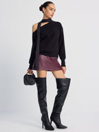 Tie-Detail Cold-Shoulder Knit Sweater