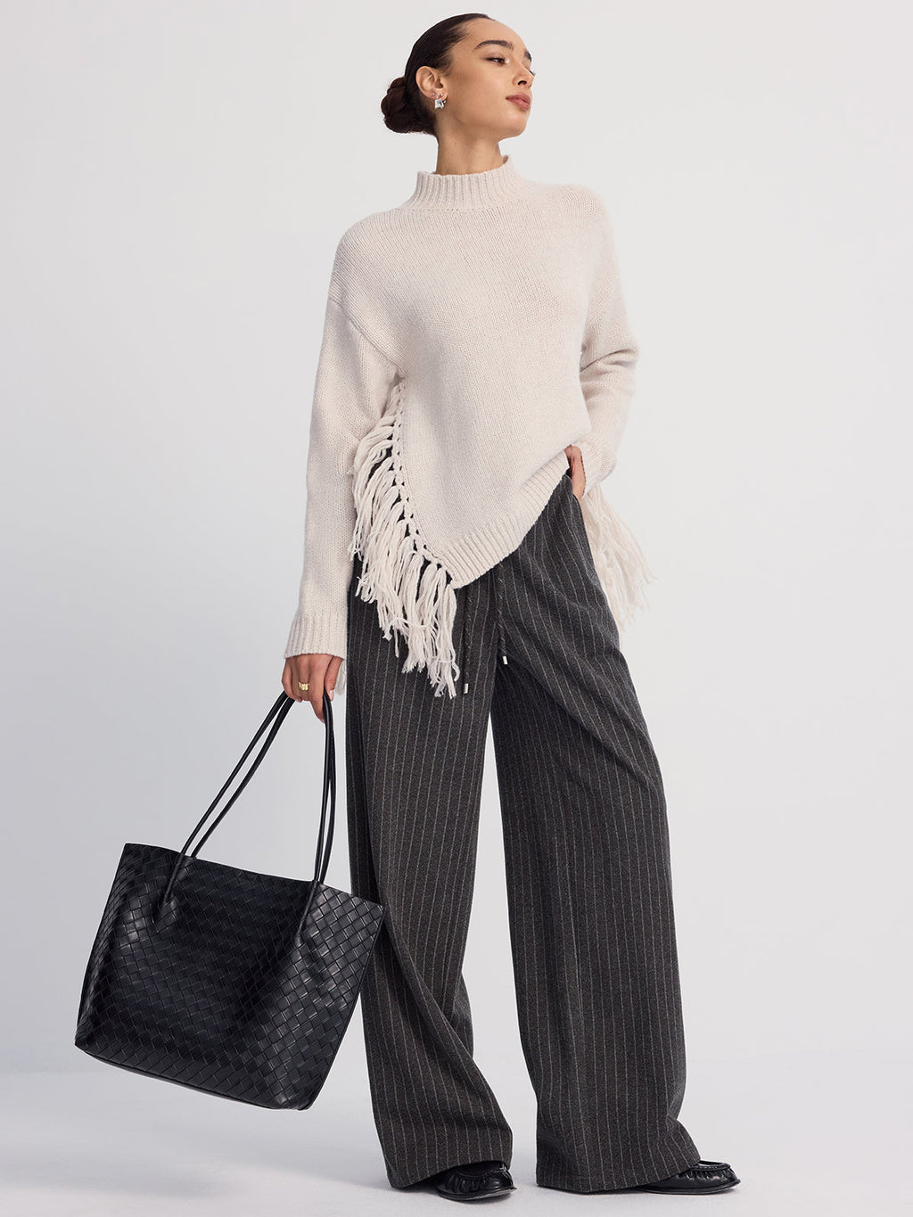 Oversized Fringe Mock-Neck Sweater