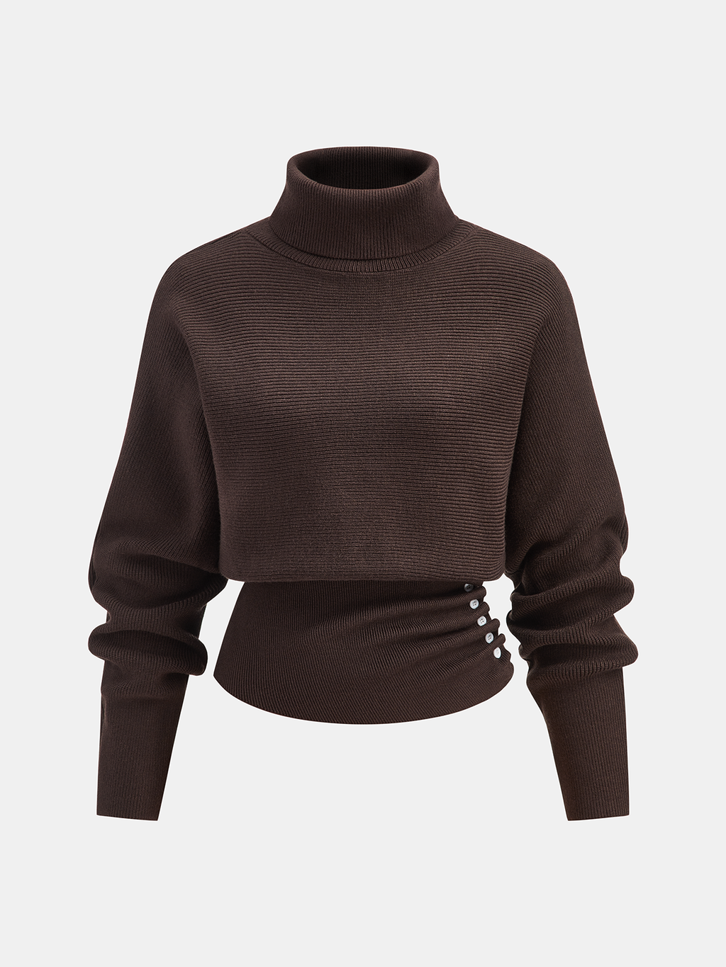 Side Pleats Turtleneck Cinched-Waist Knit Sweater