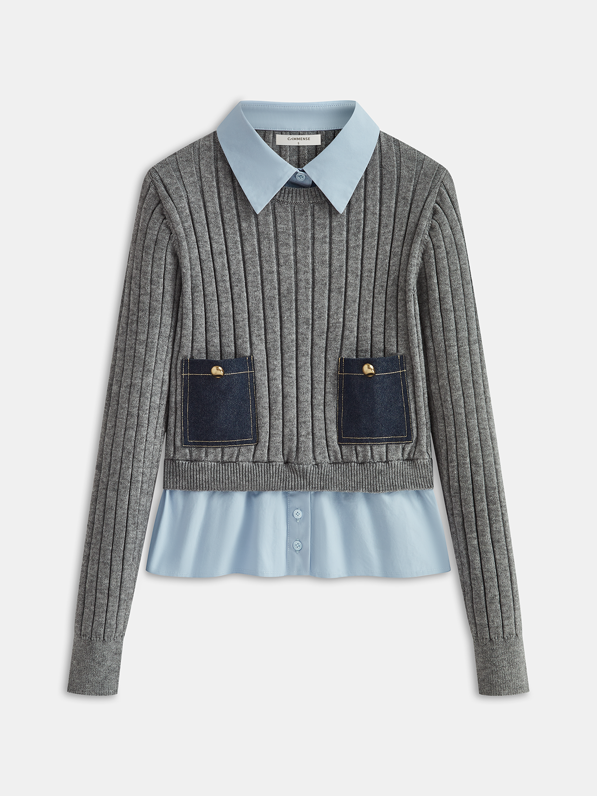 2 in 1 Denim Pocket Collared Rib-Knit Top