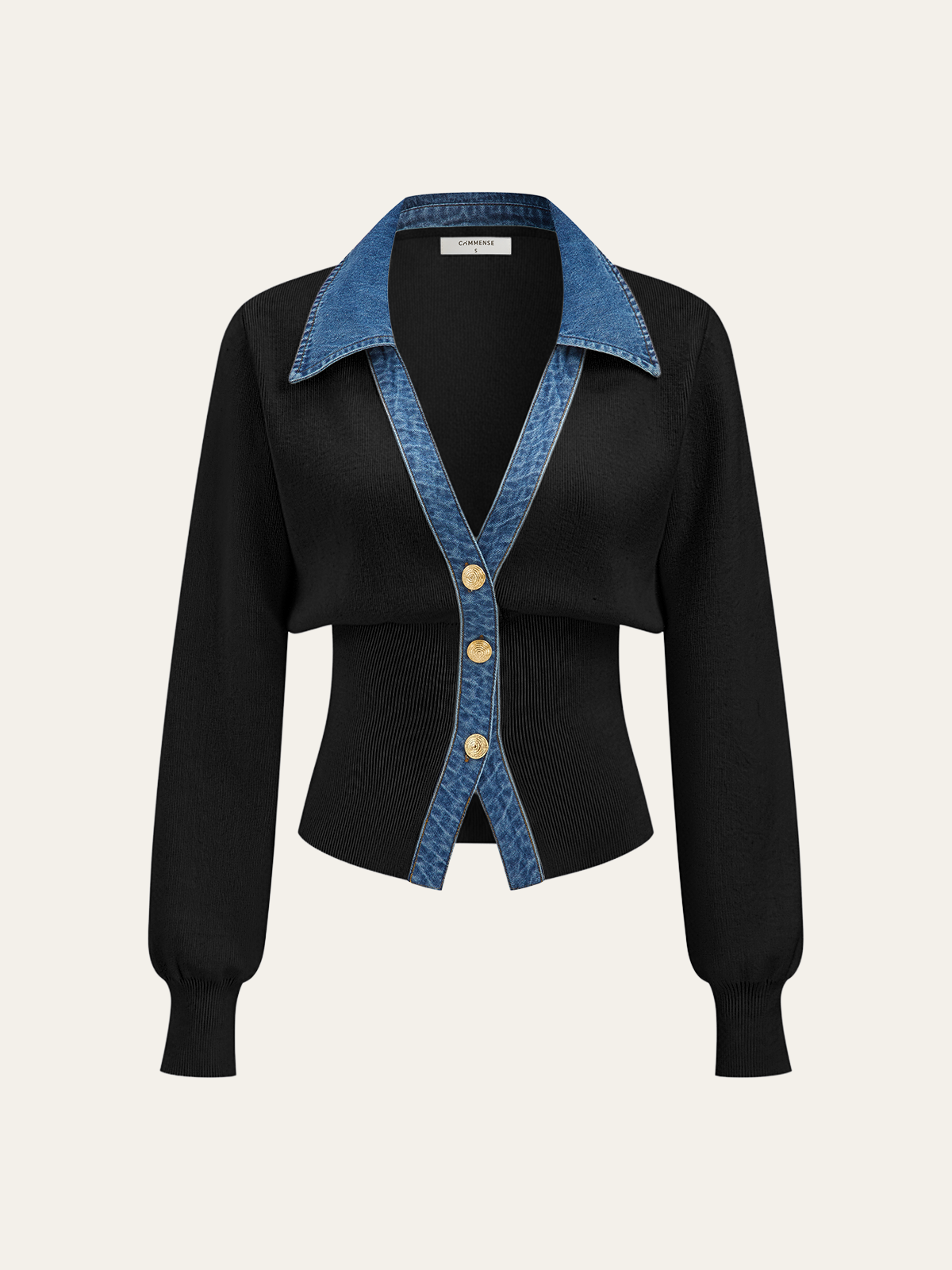 Denim Collar Metal Button V-Neck Knit Top