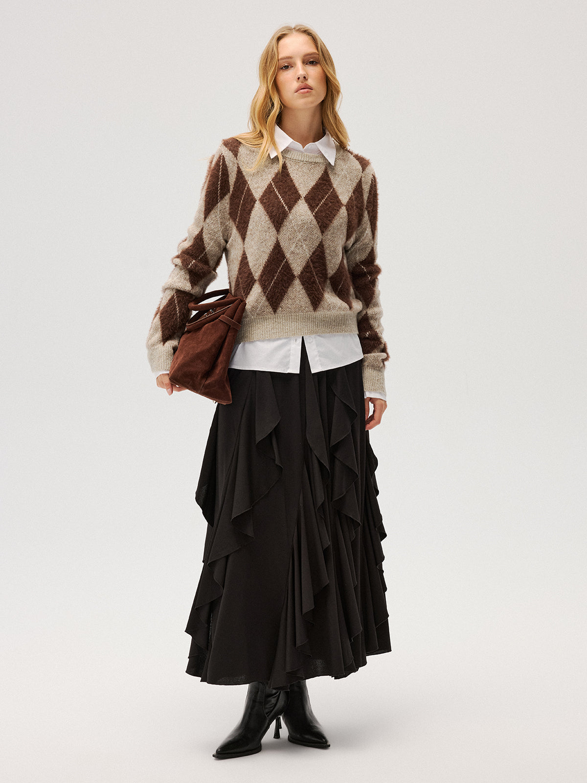 Argyle Pattern Wool Blend Fuzzy Sweater