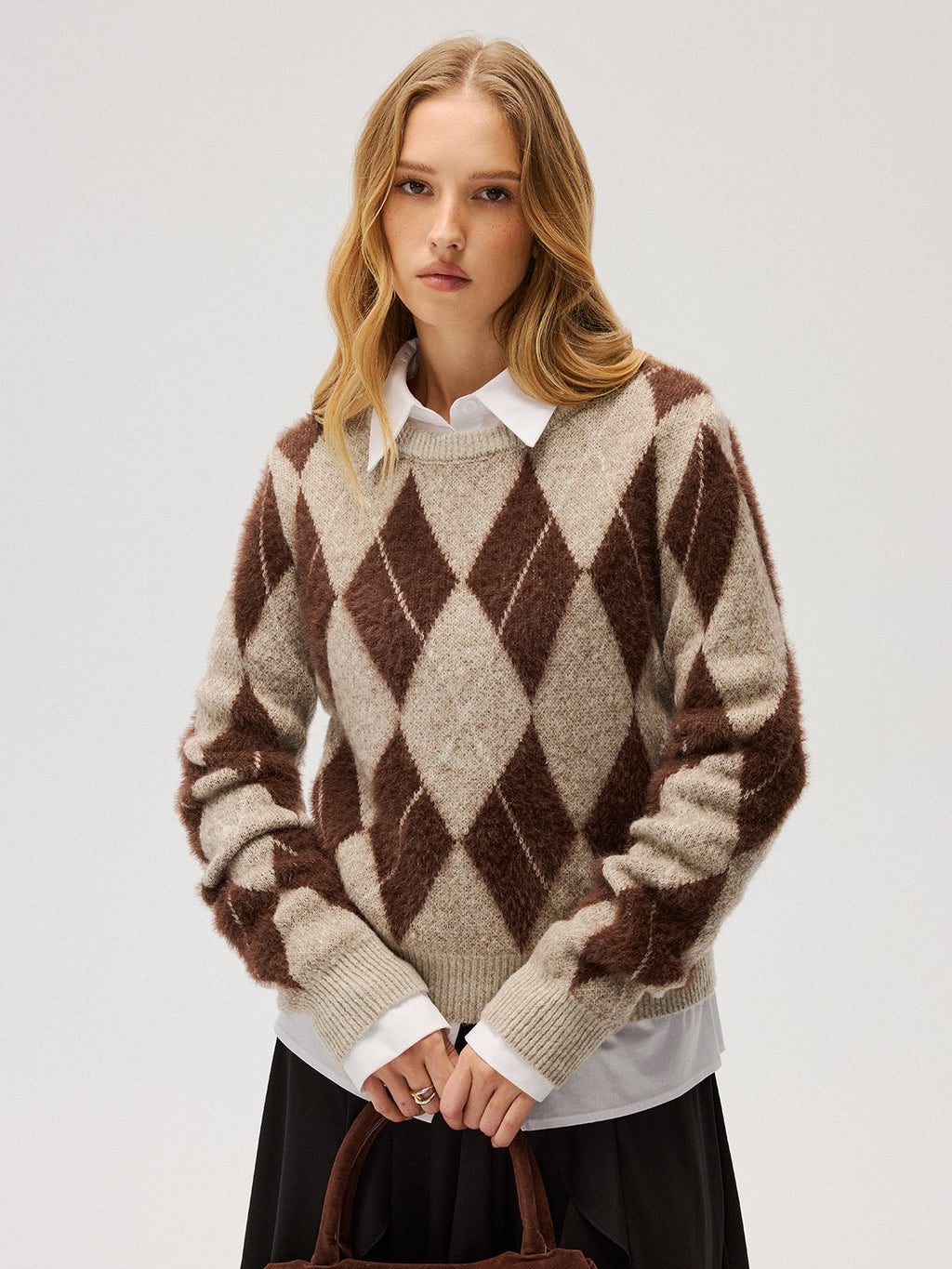 Argyle Pattern Wool Blend Fuzzy Sweater