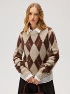 Argyle Pattern Wool Blend Fuzzy Sweater