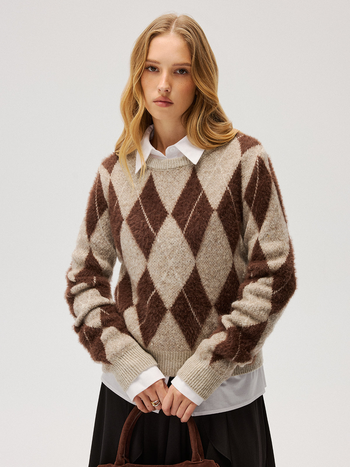 Argyle Pattern Wool Blend Fuzzy Sweater