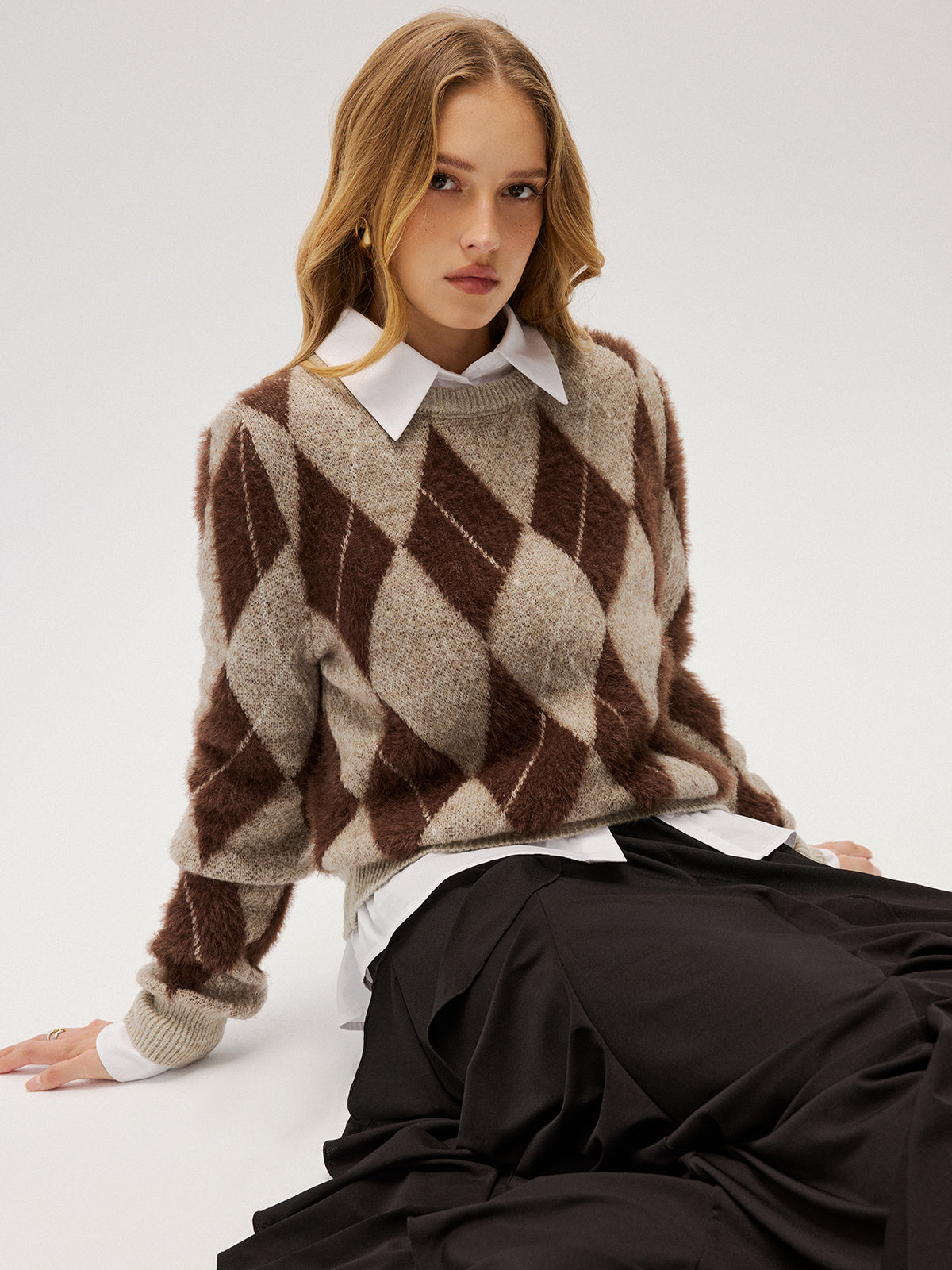 Argyle Pattern Wool Blend Fuzzy Sweater