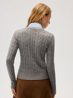 2 in 1 Contrast Shirt Collar Cable-Knit Sweater