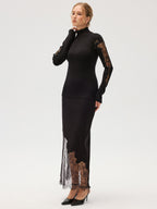Lace Panel Turtleneck Ribbed Knit Top