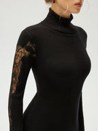 Lace Panel Turtleneck Ribbed Knit Top