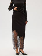 Lace Panel Asymmetric Midi Skirt