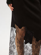 Lace Panel Asymmetric Midi Skirt
